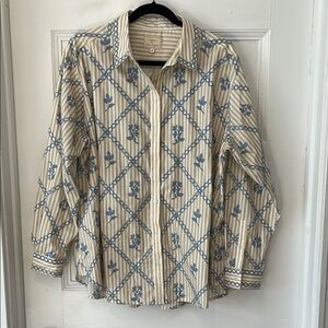 Sézane x Lucia Vergara Camel Stripe with Crosshatch Blue Details